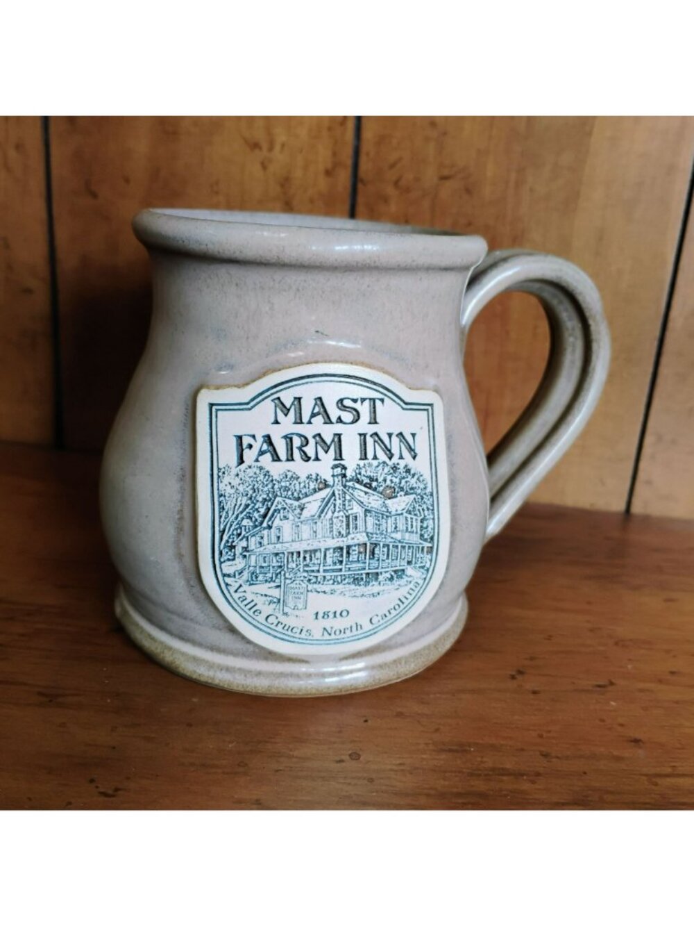 Mast Farm Inn Coffee Mug, Deneen Pottery, Valle Crucis NC, Beige Stoneware Cup - Picture 2 of 5